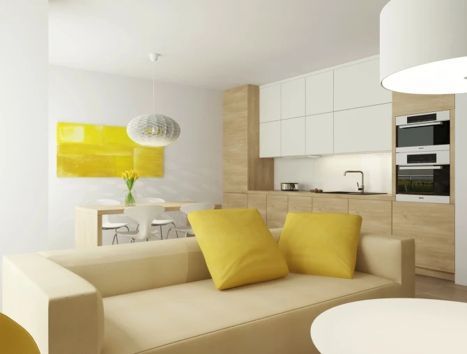 Interiér obývacího pokoje s kuchyní ve Zlíně-Pasekách